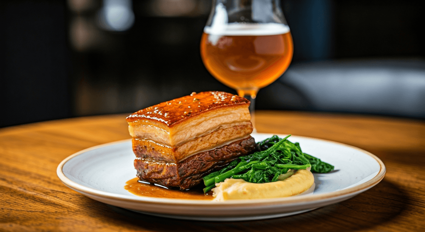 Somerset Cider Glazed Pork Belly with Creamy Mustard Mash & Roasted Greens