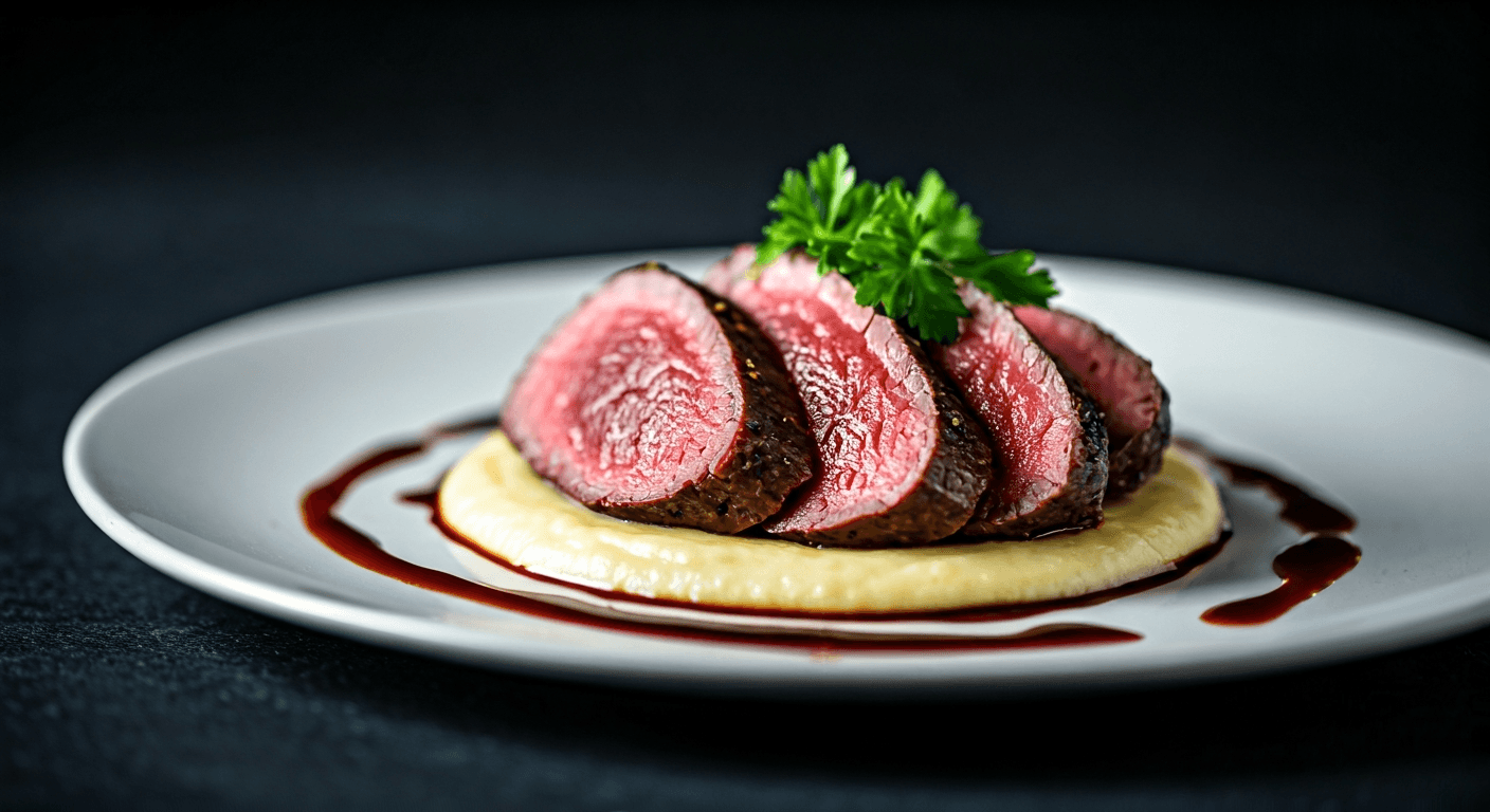 Slow-Braised Venison Haunch with Port & Juniper Berry Reduction on Celeriac Purée