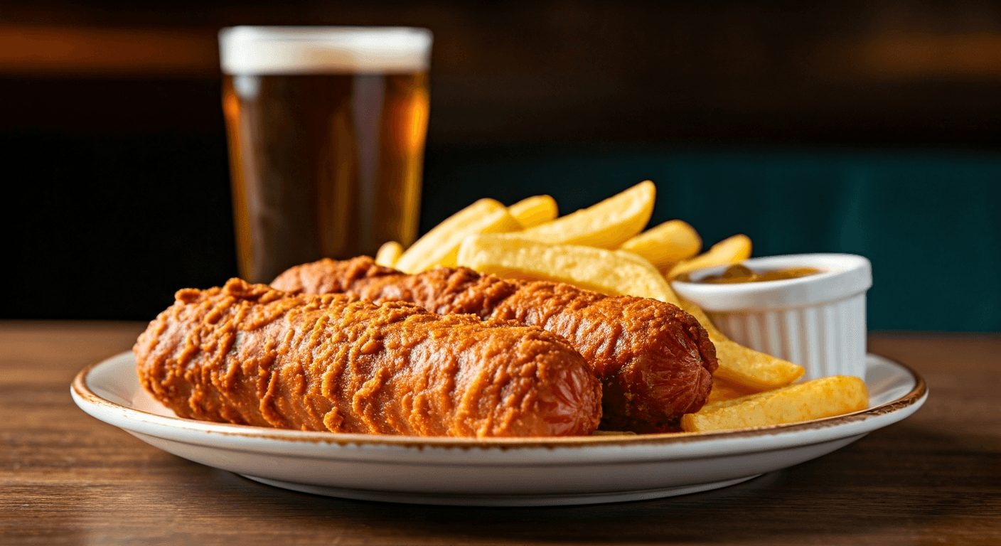 Battered Sausage, Chips & Curry Sauce
