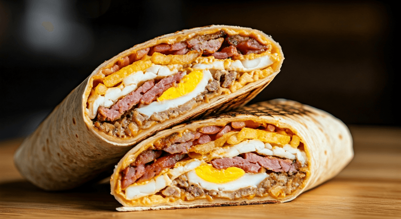 Loaded Kebab Wrap with Crispy Bacon, Egg & Peppercorn Sauce